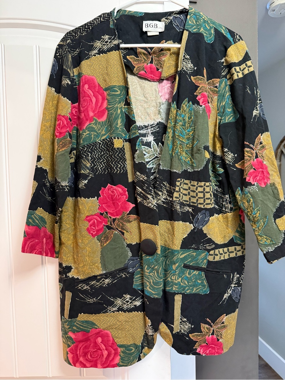 Gianni Bini Floral Patchwork Blazer in Black with Pink Roses